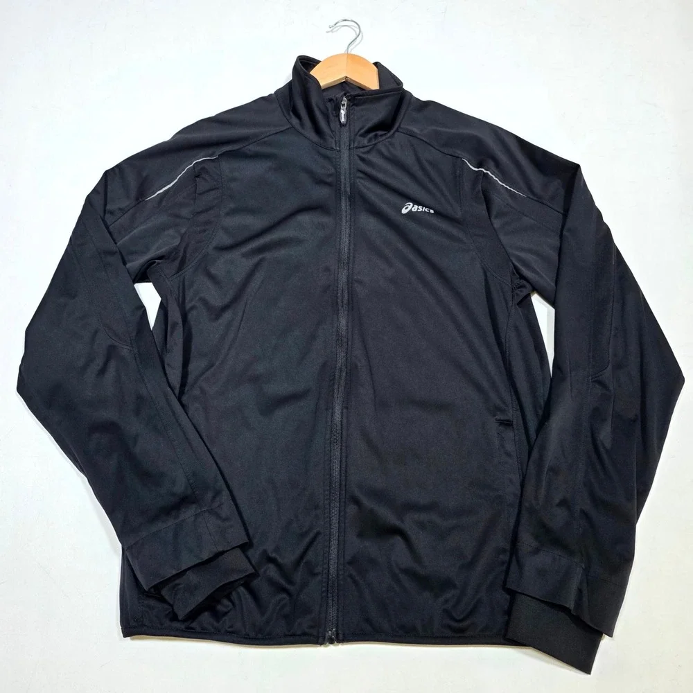 Asics Track Jacket Mens Large Black Full Zip Reflective Running Performance Coat